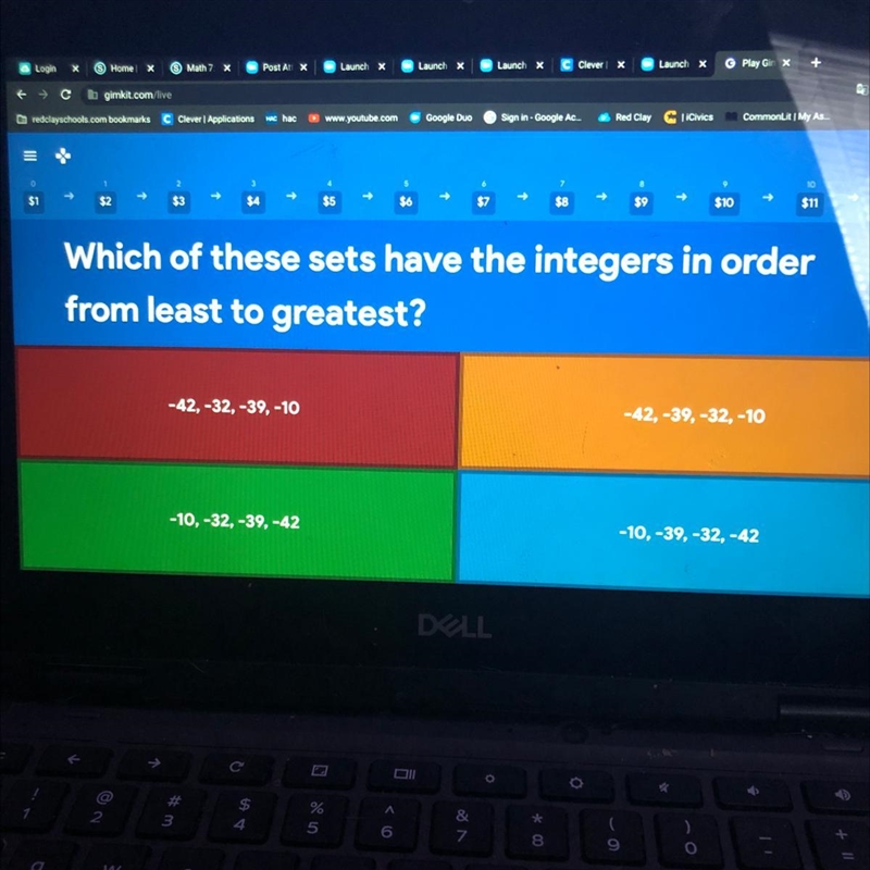 Which of these sets have the integers in order from least to greatest? -42, -32, -39, -10 -42, -39, -32,-10 -10,-32, -39,-42 -10, -39, -32, -42-example-1