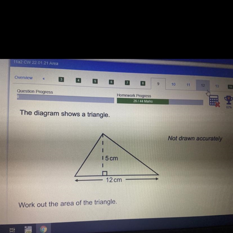 15 cm 1 12 cm Work out the area of the triangle.-example-1