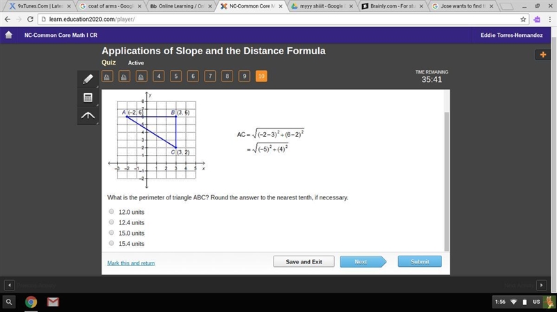 Jose wants to find the perimeter of triangle ABC. He uses the distance formula to-example-1