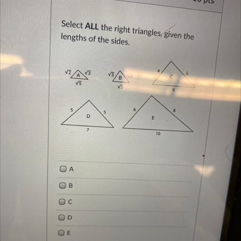 Select ALL the right triangles, given the lengths of the sides-example-1