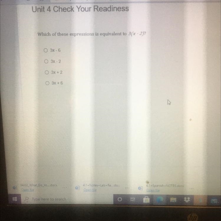 Which of these expressions is equivalent to 3(x-2)-example-1