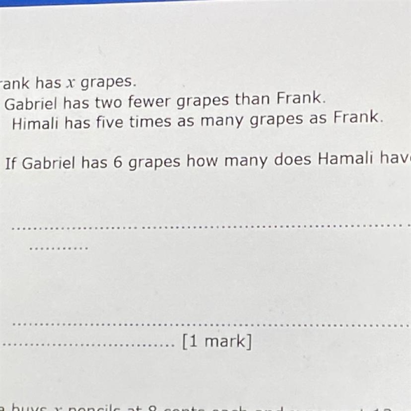 Frank has x grapes. Gabriel has two fewer grapes than Frank. Himali has five times-example-1