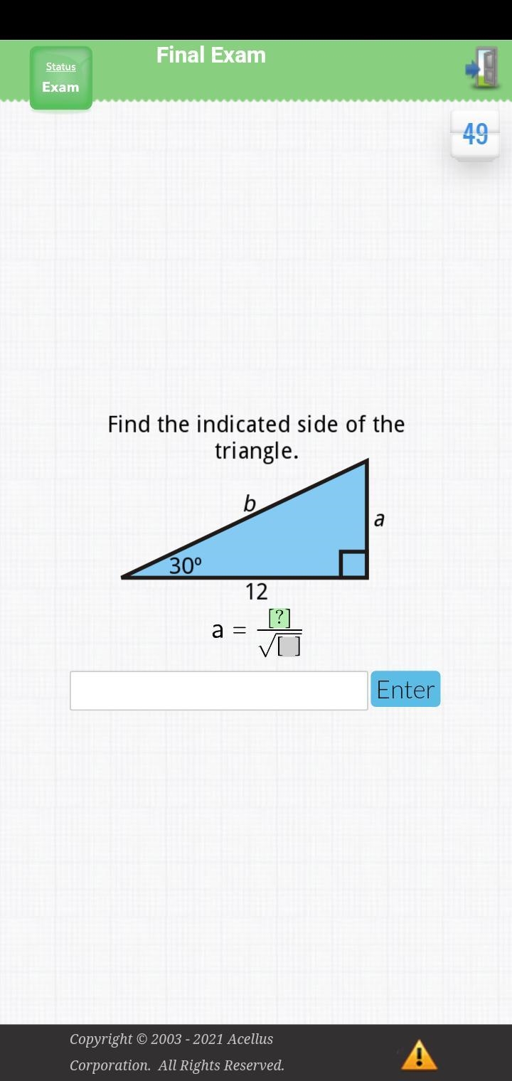 Find the indicated side of the triangle a=-example-1