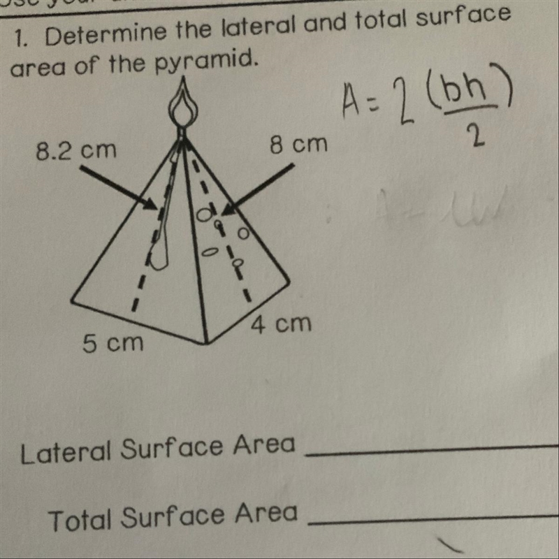 1. Determine the lateral and total surface area of the pyramid. (I need full explanation-example-1