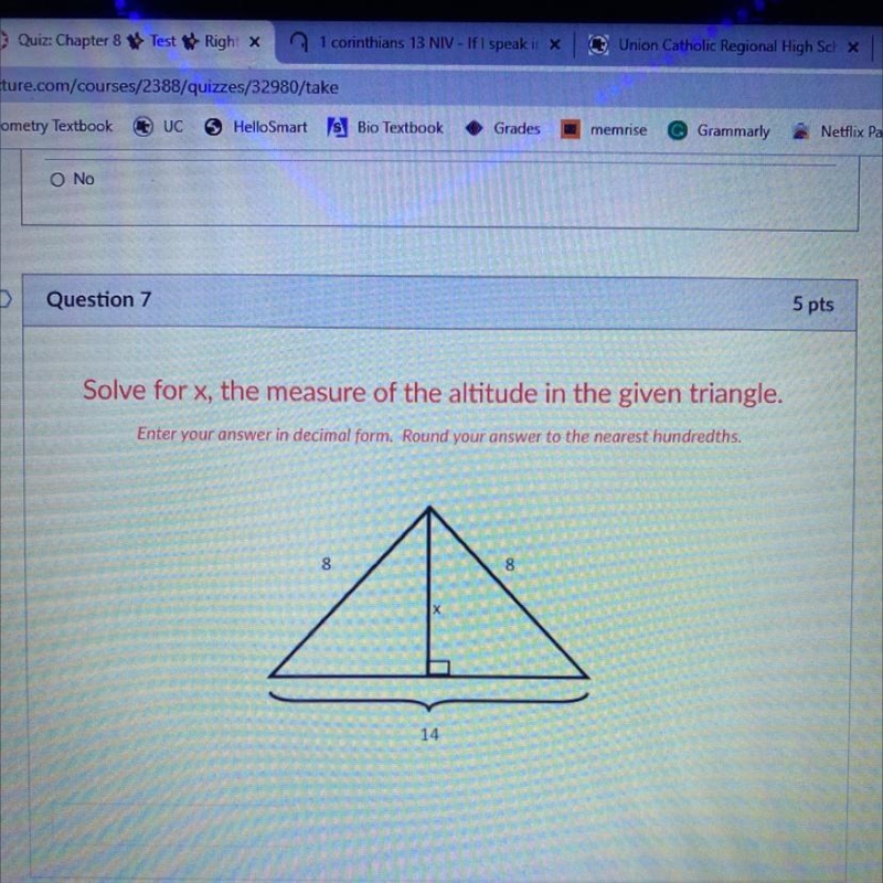 Need help asap! solve for x, the measure of the altitude in the given triangle-example-1