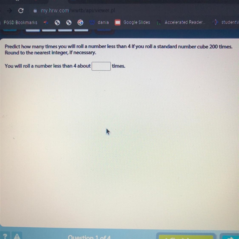 Predict how many times you will roll a number less than 4 if you roll a standard number-example-1