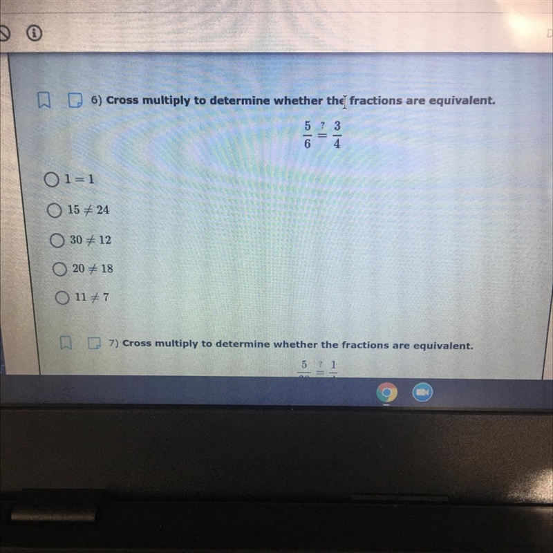 Cross multiply to determine whether the fractions are equivalent.-example-1