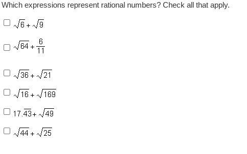 Which expressions represent rational numbers? Check all that apply.-example-1