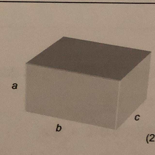 The diagram shows a solid cuboid with dimensions a, b and c. a) a Find a formula for-example-1