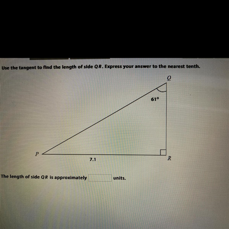 Use the tangent to find the length of side QR. Express your answer to the nearest-example-1