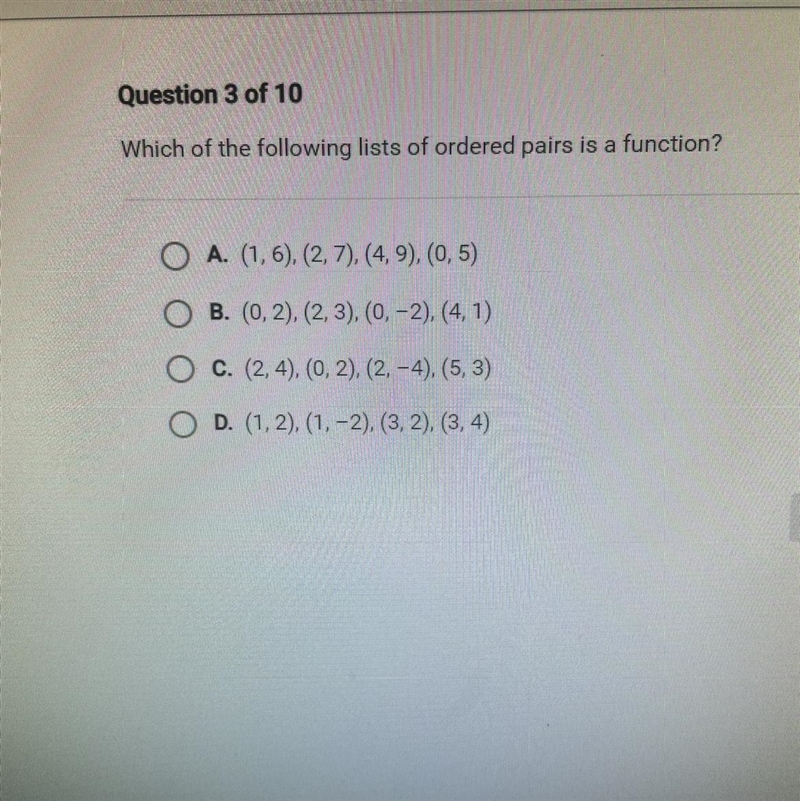 HELP PLZ… Which of the following list of ordered pairs is a function?-example-1