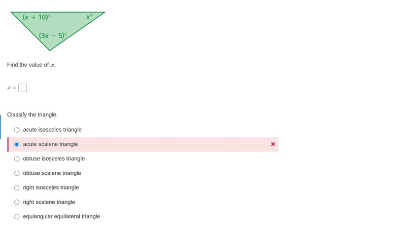 Find the value of x. x= (no need to do the classifying.)-example-1