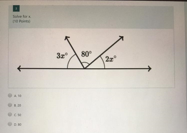 Solve for x. 3.rº 80° 20° A. 10 B. 20 C. 50 D. 80-example-1