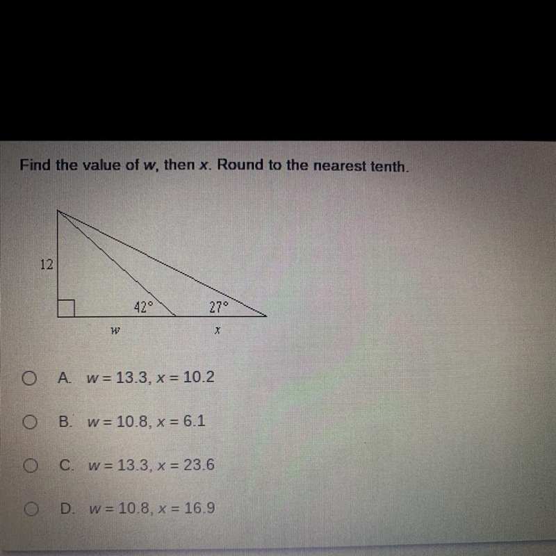 Find the value of w,then x. Round to the nearest tenth-example-1