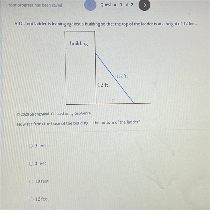 A 15-foot ladder is leaning against a building so that the top of the ladder is at-example-1