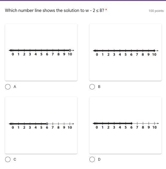 Which number line shows the solution to w - 2 ≤ 8? * (don't delete my question)-example-1