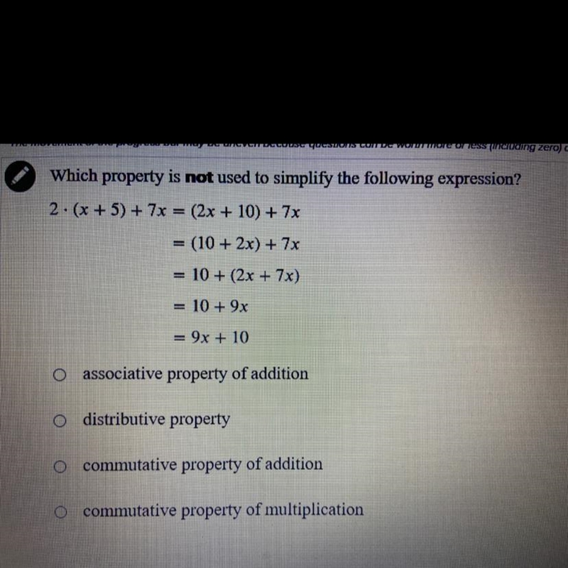 I keep getting this wrong. Which property is not used to simplify the following expression-example-1