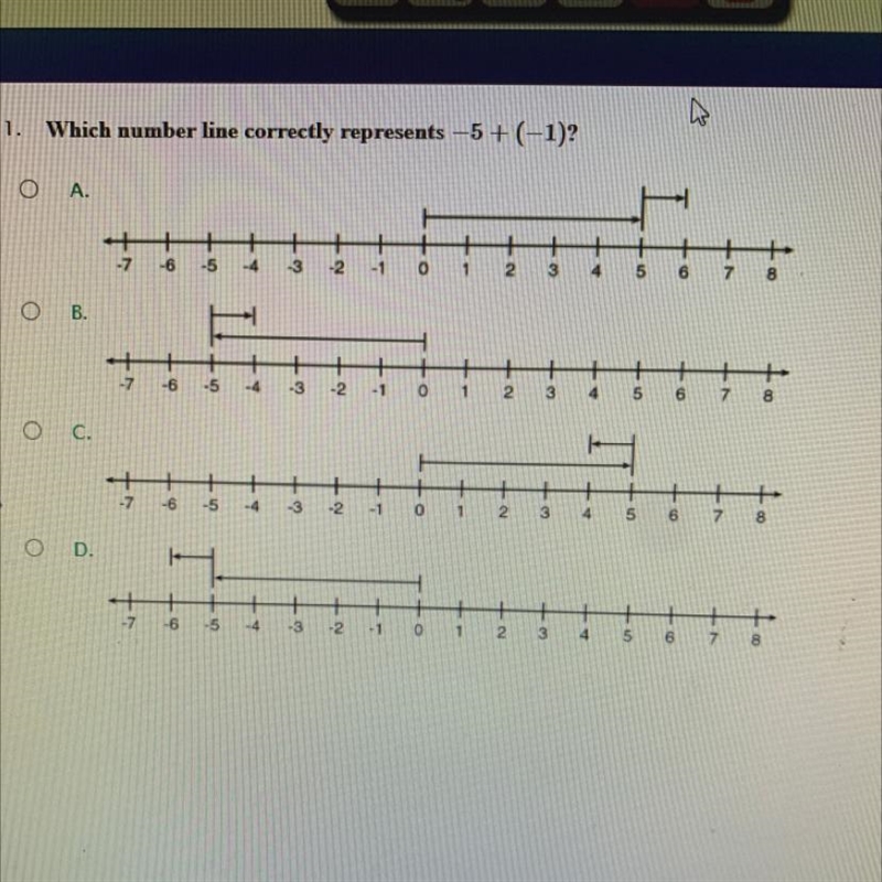 1. Which number line correctly represents -5+(-1)?-example-1