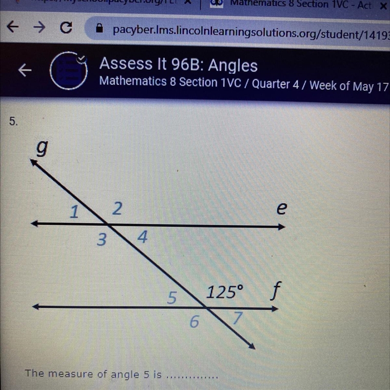 Imagine above! question- The measure of angle 5 is.... A) 45 degrees B) 55 degrees-example-1