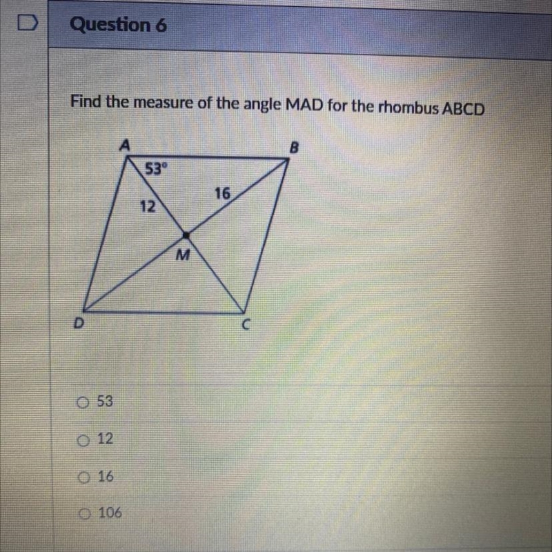 Find the measure of the angle MAD for the rhombus ABCD?-example-1