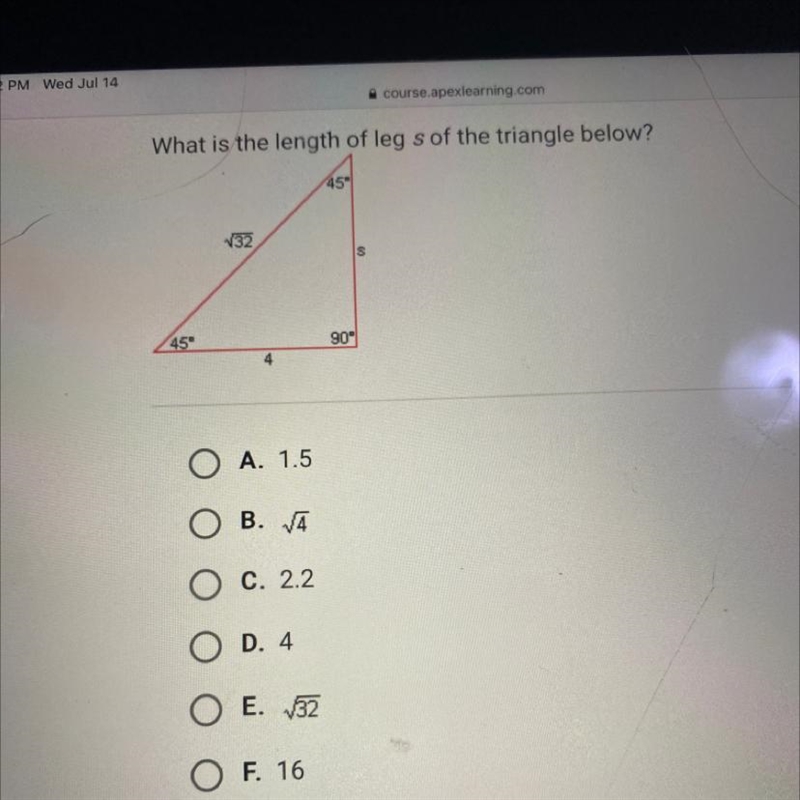 What is the length of leg s of the triangle below?-example-1