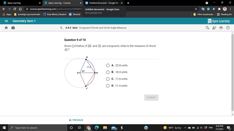 Help please-- Given circle O below, if arc GH and arc HJ are congruent, what is the-example-1