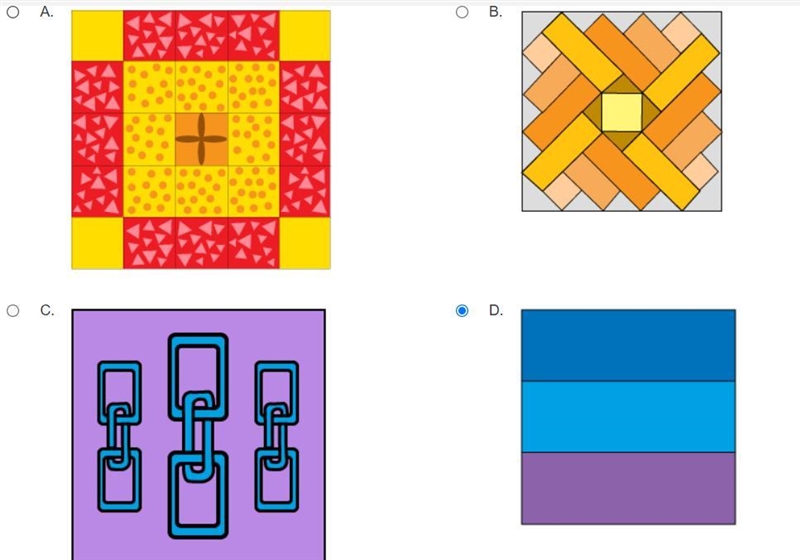 Jenny is making a quilt from the pattern blocks shown below. Which block has a pattern-example-1