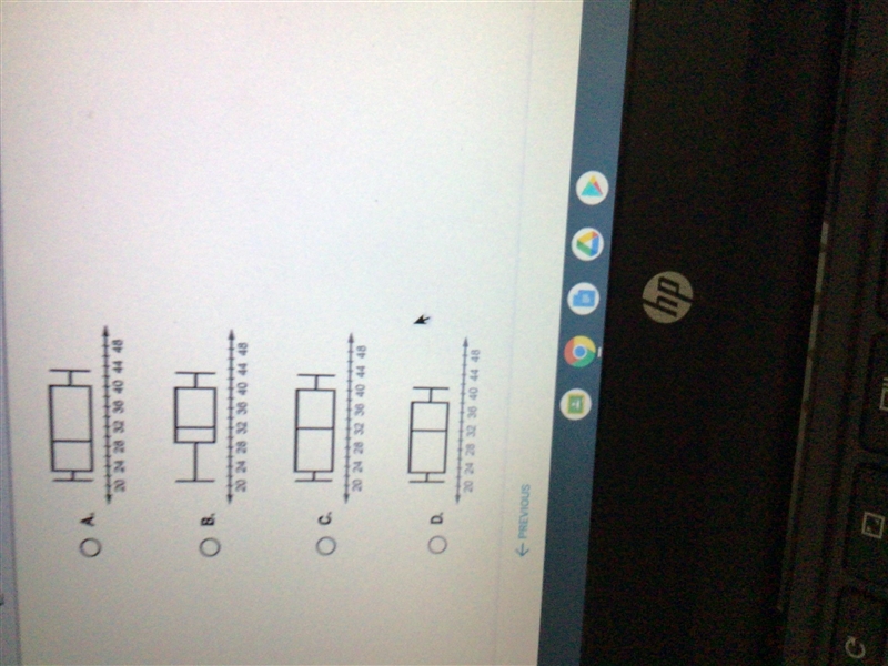 Which box plot matches the data set 21,22,23,26,29,32,34,38,40,42,43 For this data-example-1