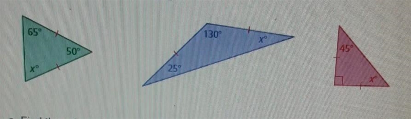 Consider the three isosceles triangles. a. Find the value of x for each triangle The-example-1