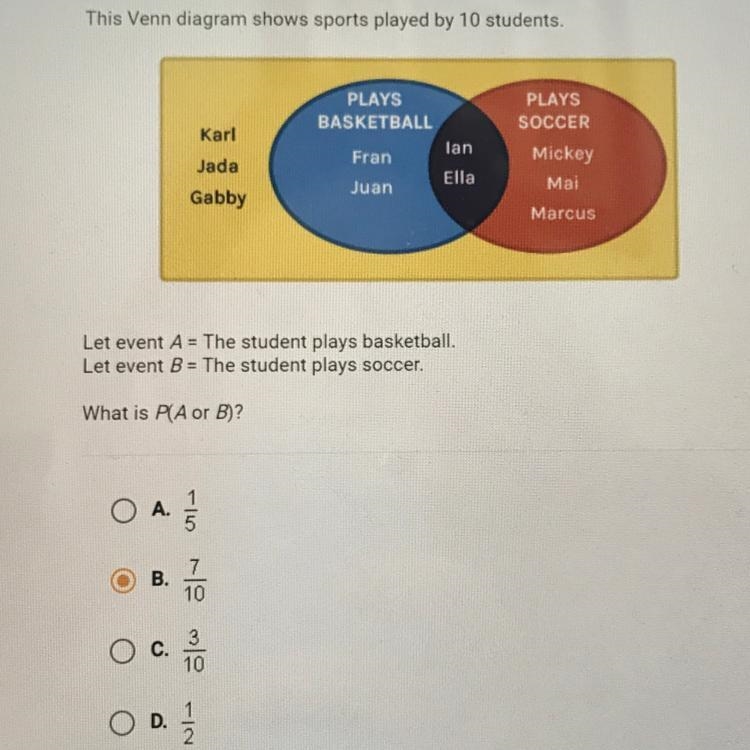 PLEASE HELP!!!!! Let event A= The student plays Basketball Let event B= The student-example-1