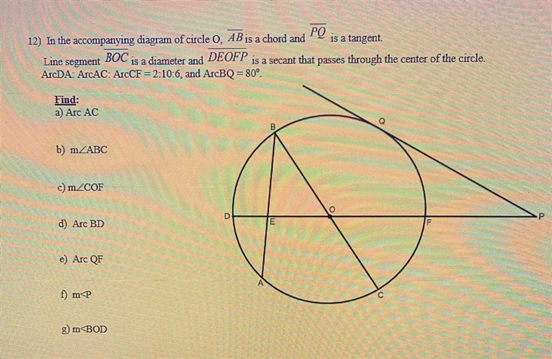 Help please 12) In the accompanying diagram of circle O, AB is a chord and PQ is a-example-1