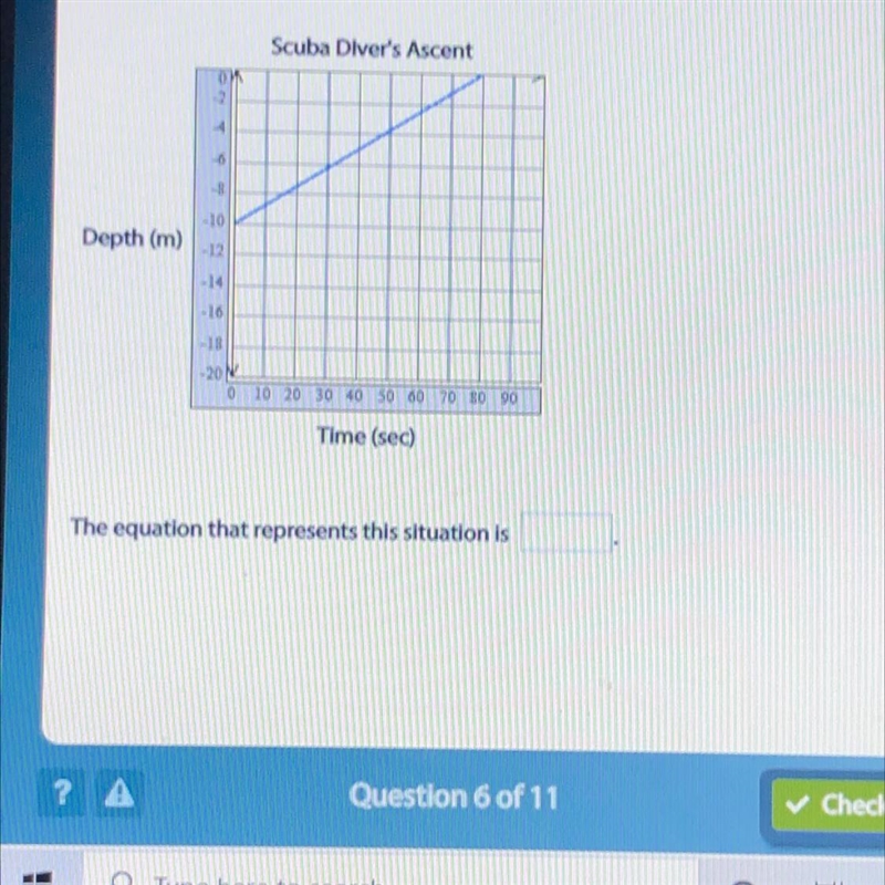 The graph shows a scuba diver's ascent over time. Use the graph to write an equation-example-1