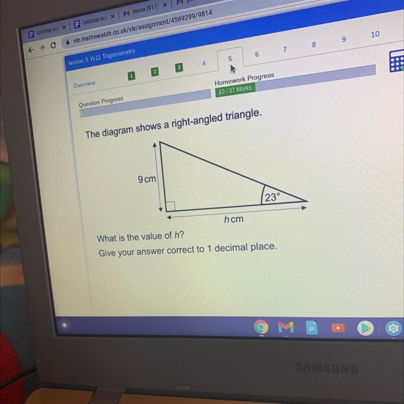 The diagram shows a right-angled triangle. 9 cm 23° hcm What is the value of h? Give-example-1