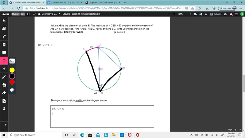 50 points. I am stuck on this question, Please help! Line AB is the diameter of circle-example-1