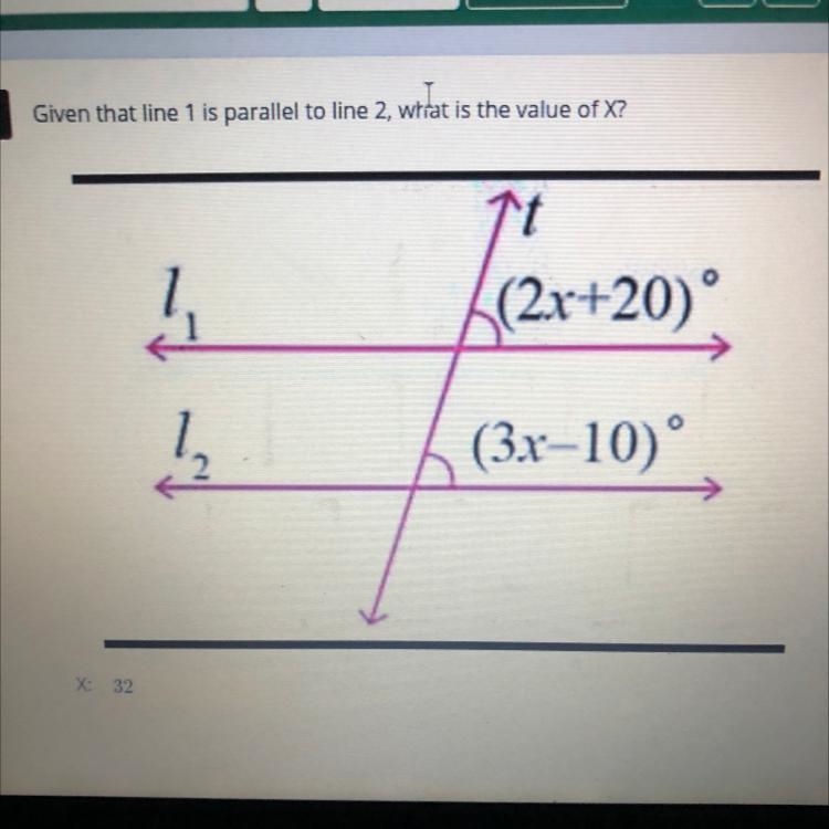 PLEASEEE HELP!! Given that line 1 is parallel to line 2, what's the value of X-example-1