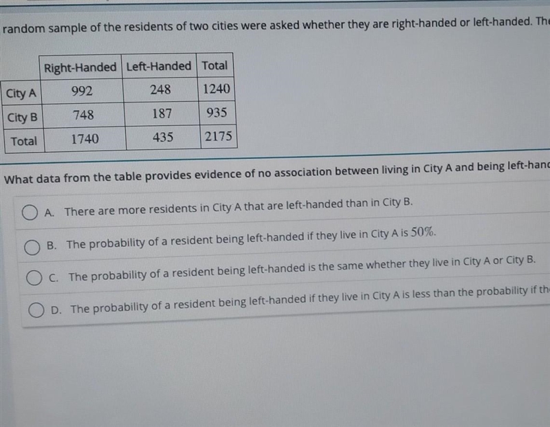 Ace please help what data from the table provides evidence of no association between-example-1