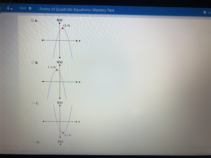 Which graph represents the equation below f(x)=-(x+1)(x-3)-example-1