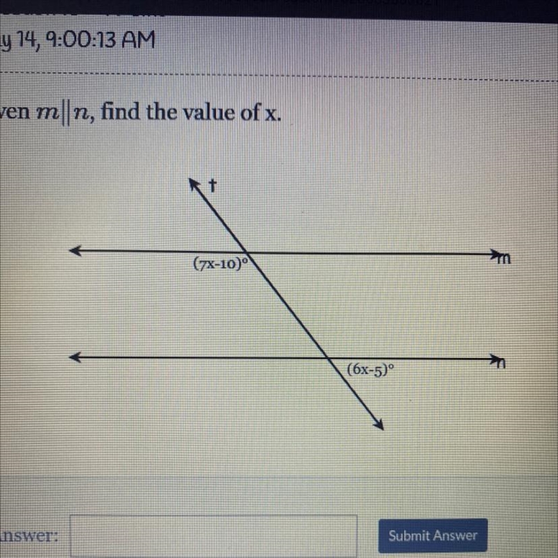 Given m||n, find the value of x. kt (7-10) (6x-5)°-example-1