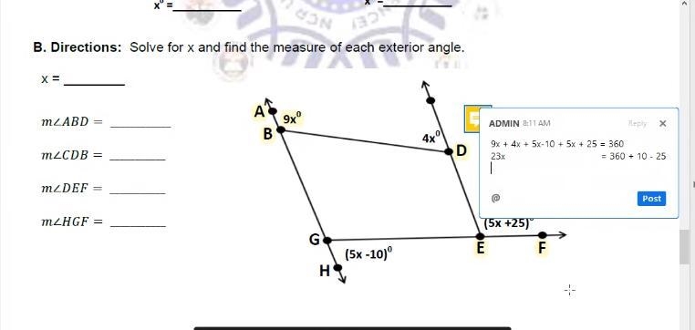 Identify the measures of exterior angle below. Let x = 15-example-1