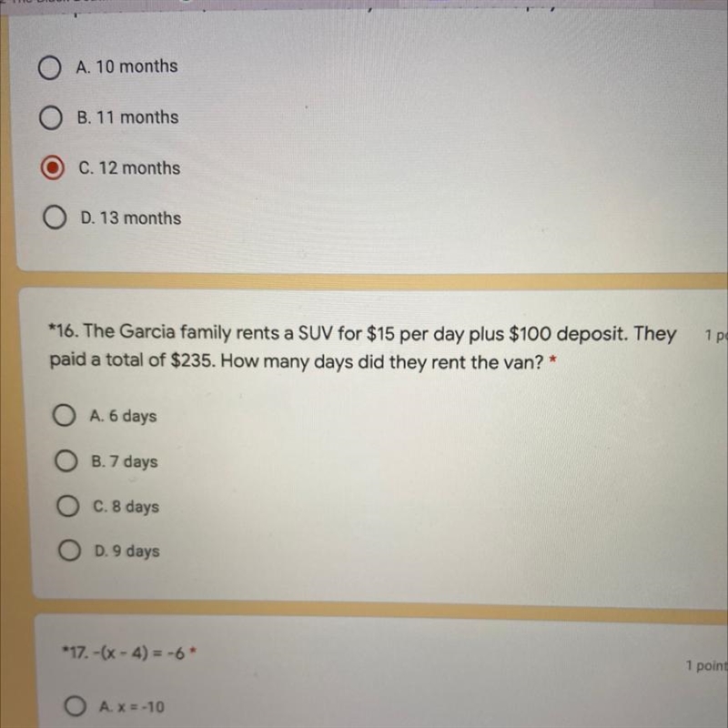 *16. The Garcia family rents a SUV for $15 per day plus $100 deposit. They paid a-example-1