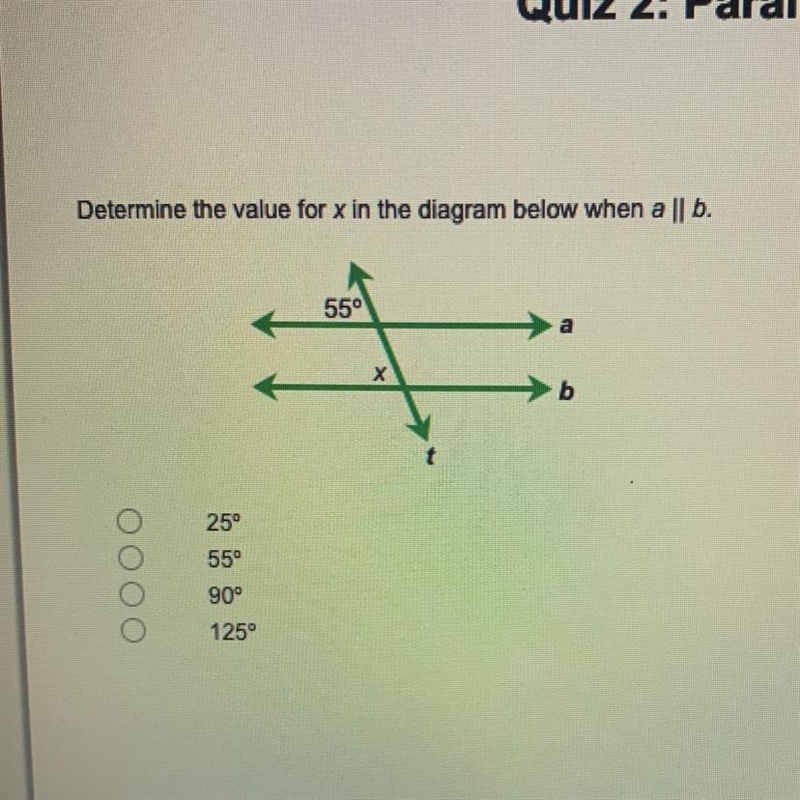 Determine the value for x in the diagram below when a || b. 55° х b 25° 55° оооо 90° 125°-example-1