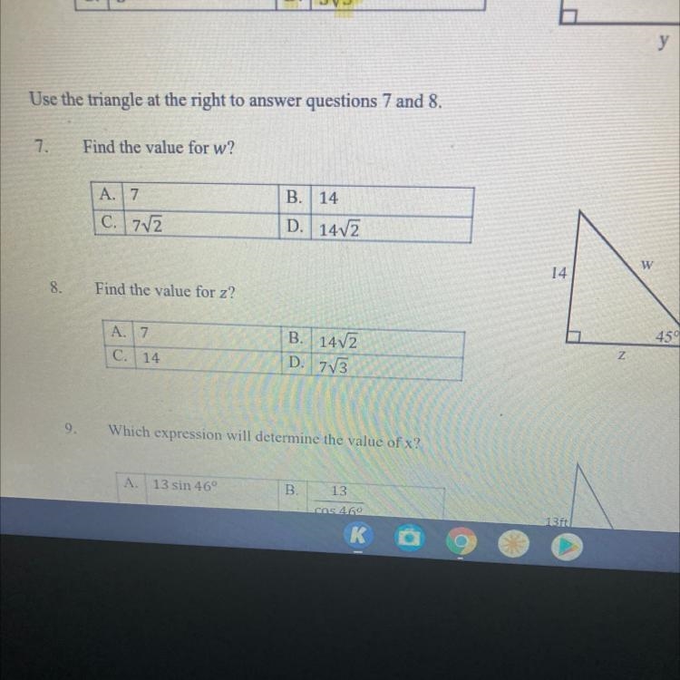 Use the triangle at the right to answer questions 7 and 8. 7. Find the value for w-example-1