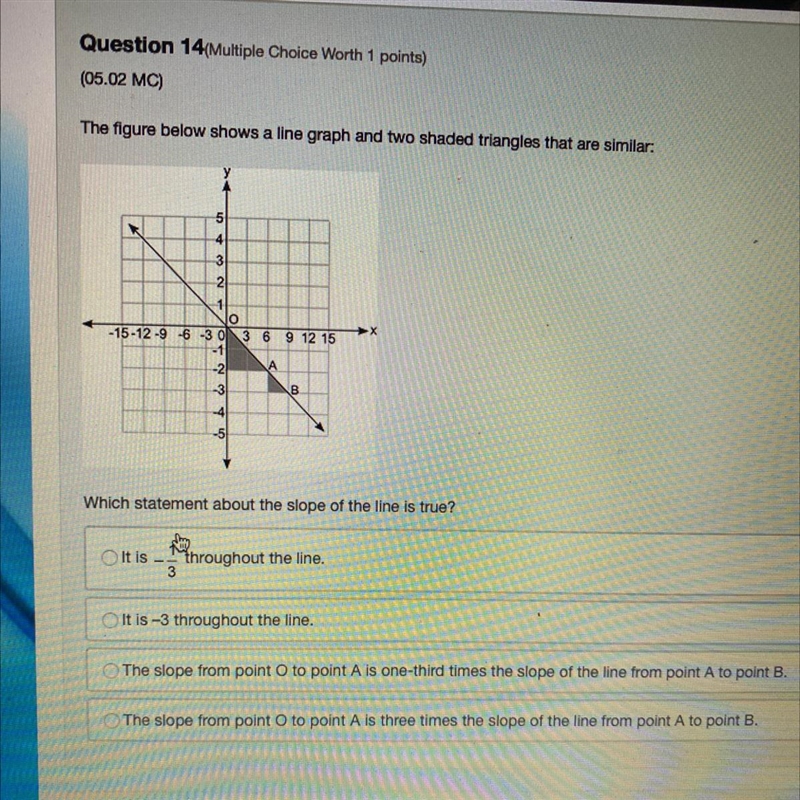 (05.02 MC) The figure below shows a line graph and two shaded triangles that are similar-example-1