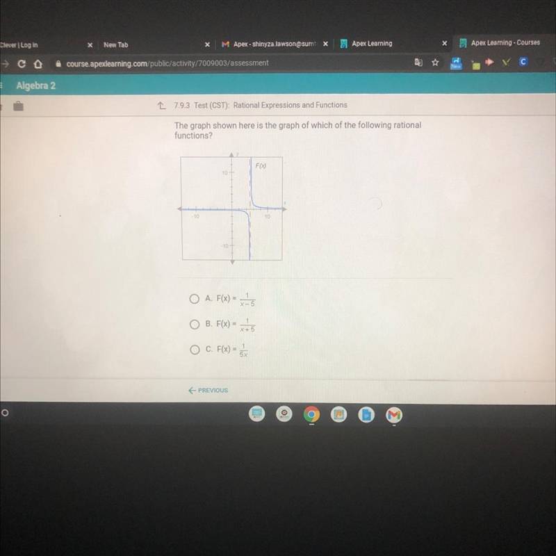 The graph shown here is the graph of which of the following rational functions? FN-example-1