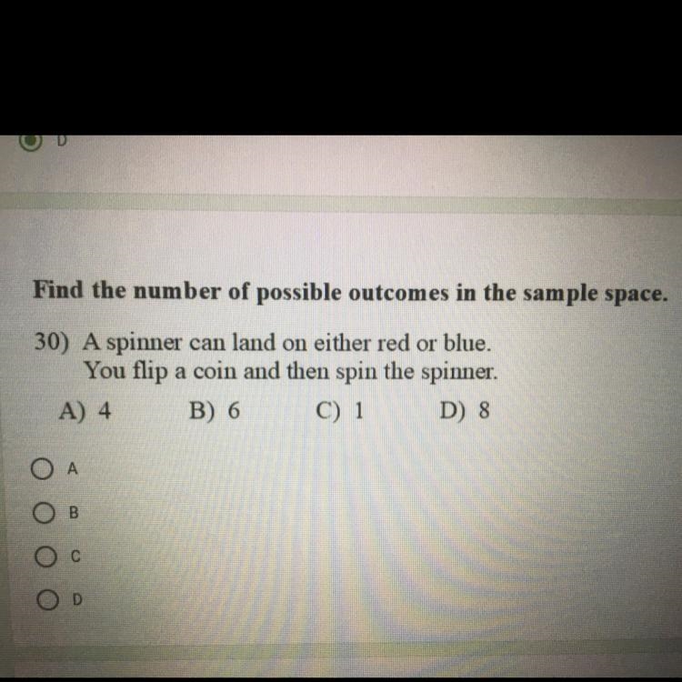 Find the number of possible outcomes in the sample space. 30) A spinner can land on-example-1