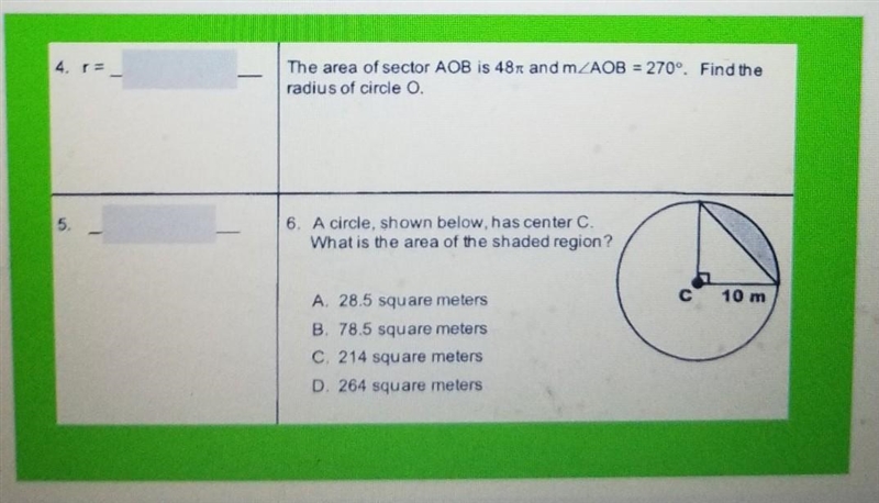 The area of sector A08 is 48x and m<AOB = 270º. Find the radius of circle O. 6 Acirde-example-1