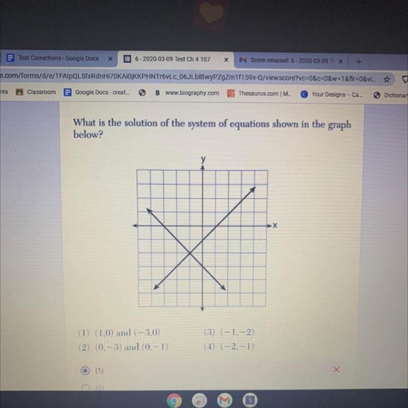 What is the solution of the system of equations shown in the graph below? 1) (1,0) and-example-1