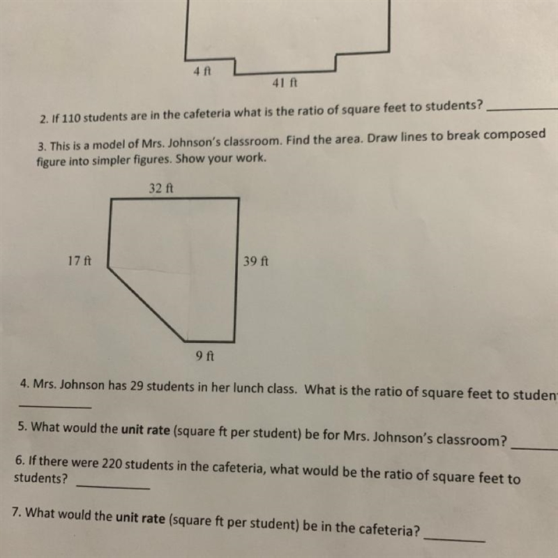 This is a model of Mrs. Johnson's classroom. Find the area. Draw lines to break composed-example-1