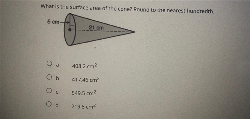 What is the surface area of the cone? Round to the nearest hundredth.-example-1