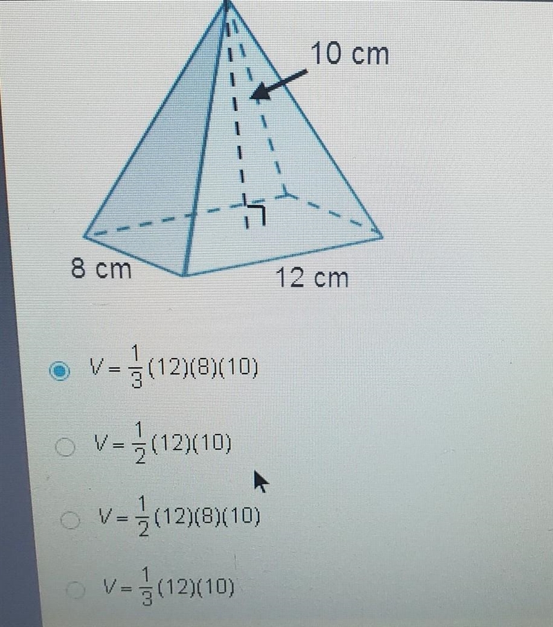 Which shows how to determine the volume of the pyramid? ​-example-1